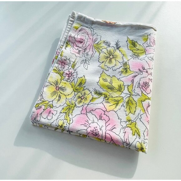 Vintage 70s pillowcase, pink yellow floral two sided, single pillow sham - Picture 8 of 8